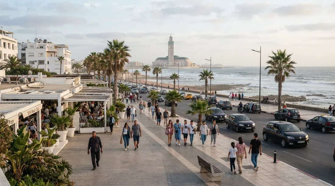 il Boulevard de la Corniche nel tardo pomeriggio, file di palme e la risacca dell'Atlantico visibile oltre i beach club bassi e le auto parcheggiate