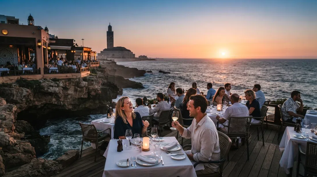 Le Cabestan (Ocean View) al tramonto, la sua terrazza sulla scogliera affacciata sull'Atlantico con tavoli vicini all'acqua