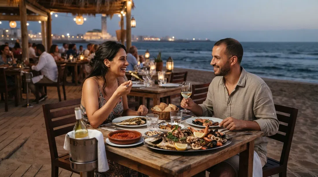 una cena di pesce al Le Pilotis all'interno del Tahiti Beach Club, tavoli in terrazza sulla sabbia con l'oceano oltre