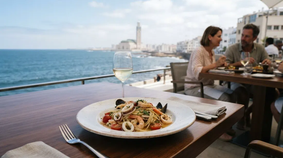 una tartare di pesce o pasta della casa al Relais de Paris di Villa Blanca, impiattata su un tavolo raffinato sul lungomare