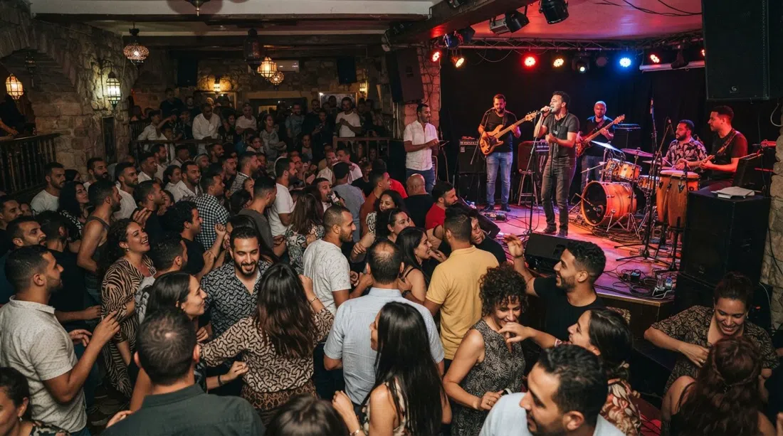 l'interno dell'Amstrong sulla Corniche, sala con musica dal vivo affollata con pista da ballo piena e palco per la band