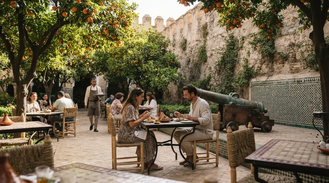 La Sqala in Casablanca, ein ummauerter Gartenrestaurant mit Orangenbäumen, alten Kanonen und marokkanischen Fliesenarbeiten unter den Wällen des 18. Jahrhunderts