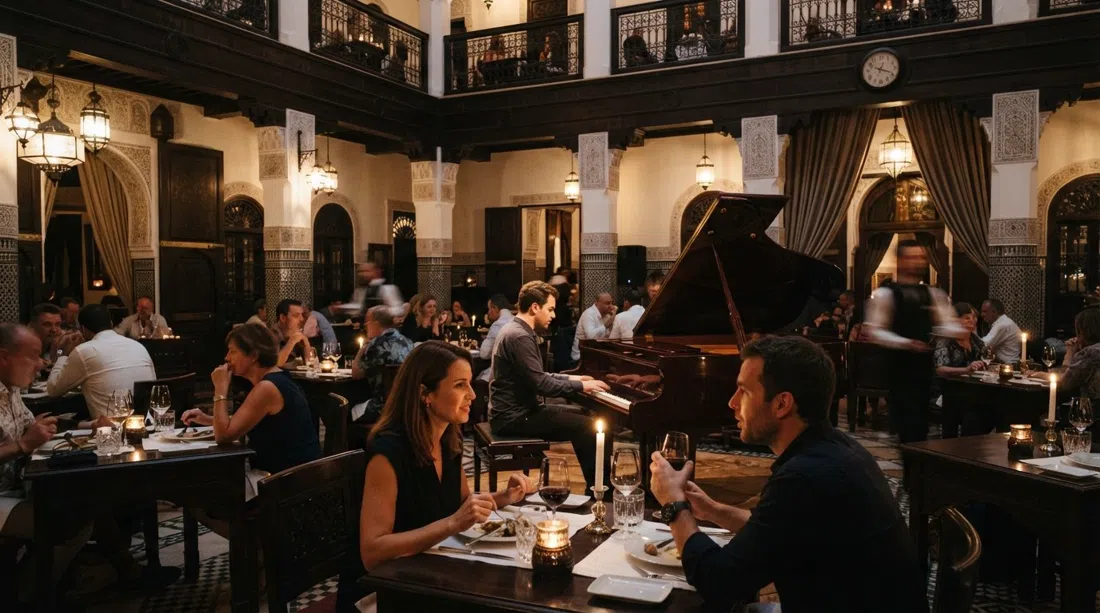 Der schwach beleuchtete Innenhof von Rick's Café in Casablanca, riadartige Räume mit Bögen, polierte Tische und eine Klavierbar-Atmosphäre beim Abendessen