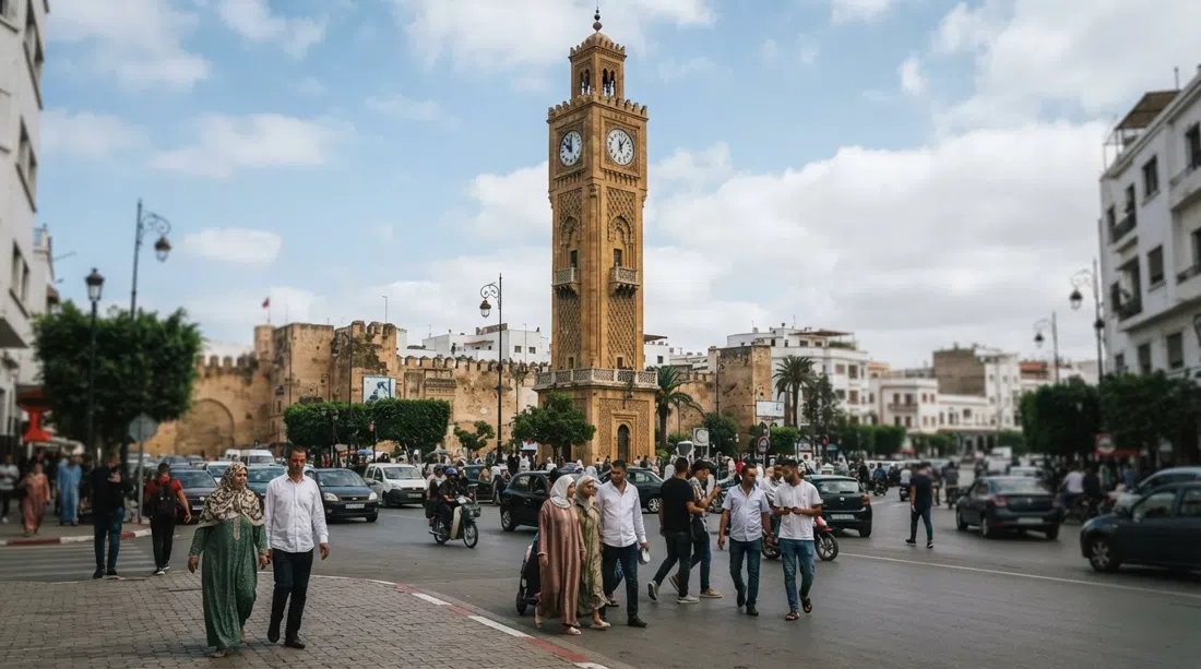 Der Tour de l'Horloge auf dem Place des Nations Unies in Casablanca, wiederaufgebauter Uhrturm über dem Verkehr am Medinarand bei Tageslicht