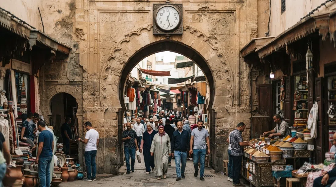Bab Marrakech in Casablancas Ancienne Medina, das bogenförmige Sandsteintor öffnet sich zu überfüllten Souk-Gassen mit Marktständen direkt dahinter