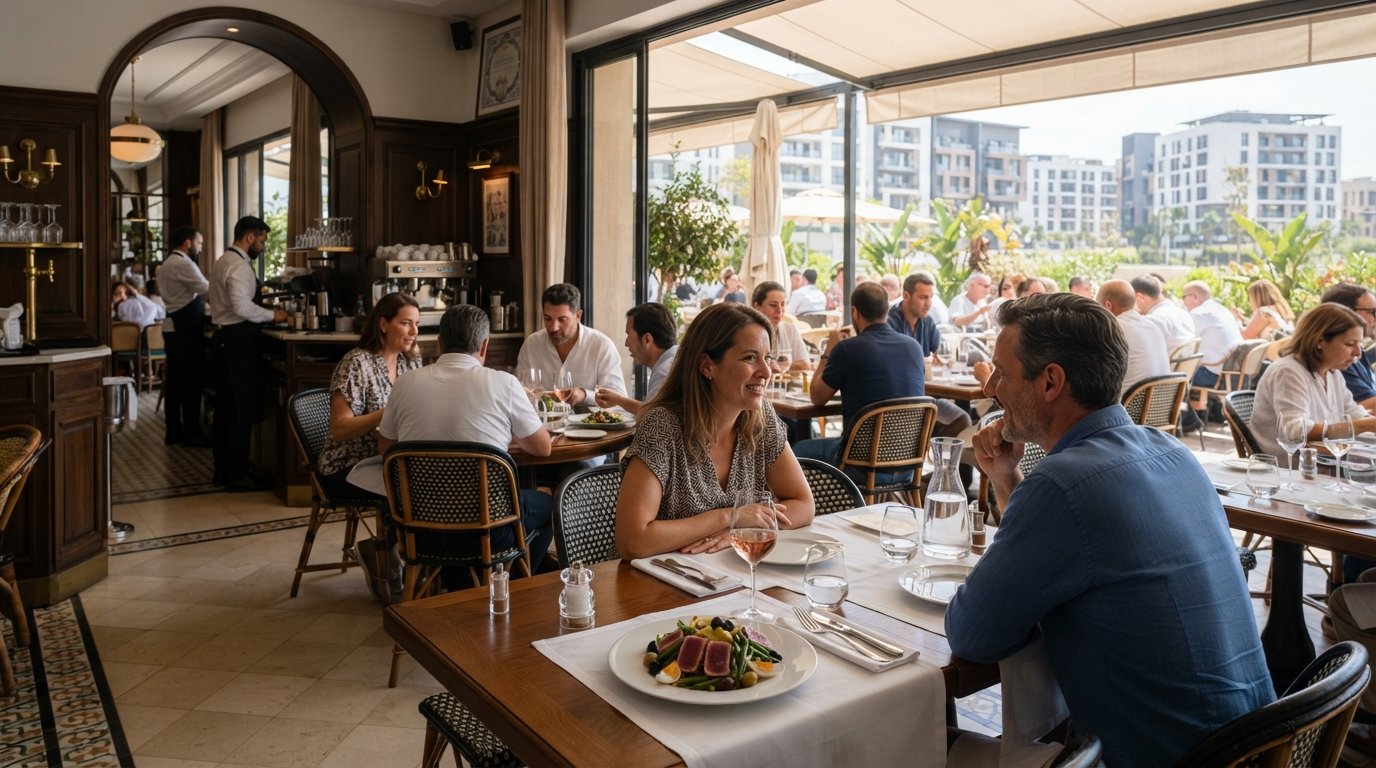 the terrace and dining room at La Table du Marché Casa Anfa, polished French brasserie setting with neatly plated lunch dishes and daylight from the terrace