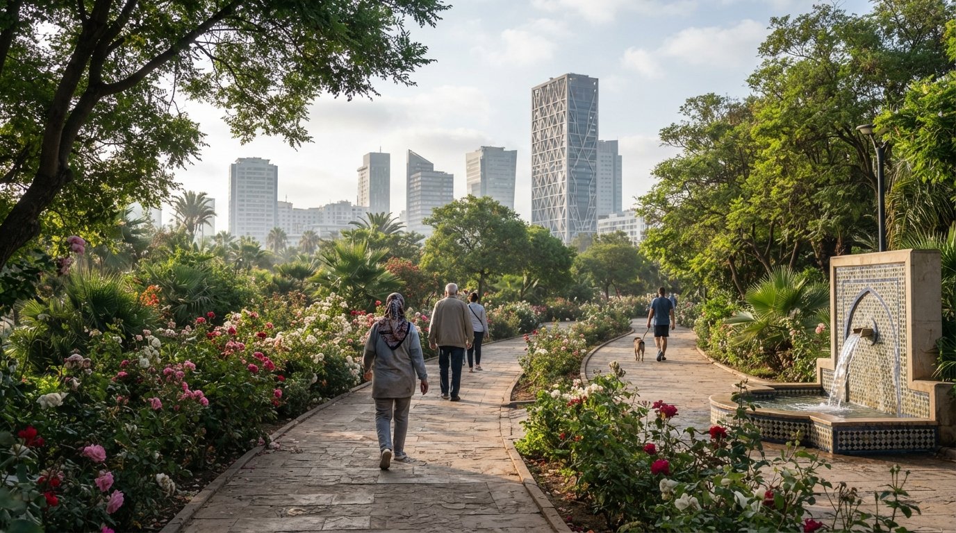 Anfa Park’s shaded path with rose beds, fountains and the CFC towers rising beyond the trees in early morning light