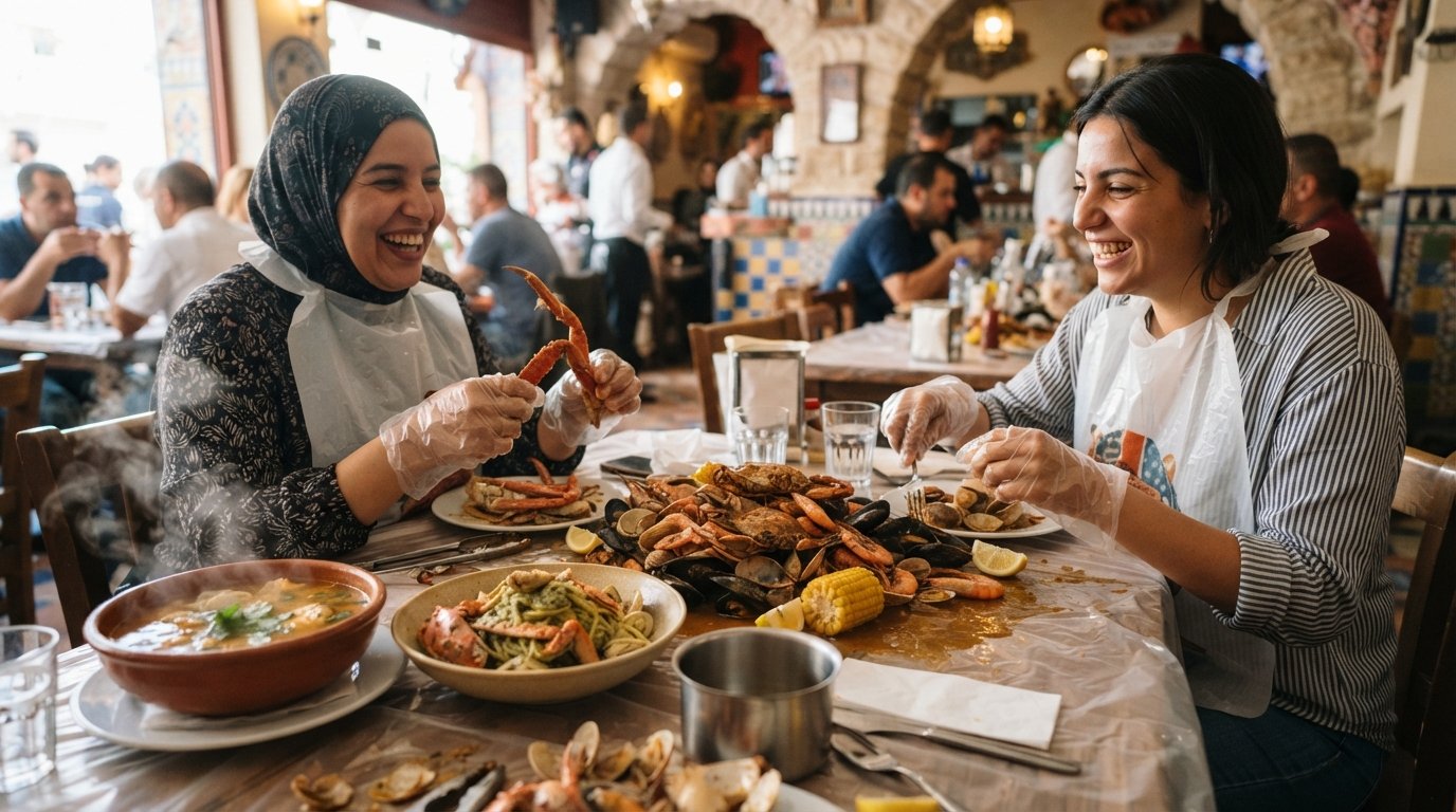 a plastic-bib seafood boil spread at Hello Crab, shellfish piled on the table with crab-pesto pasta and bowls of fish soup