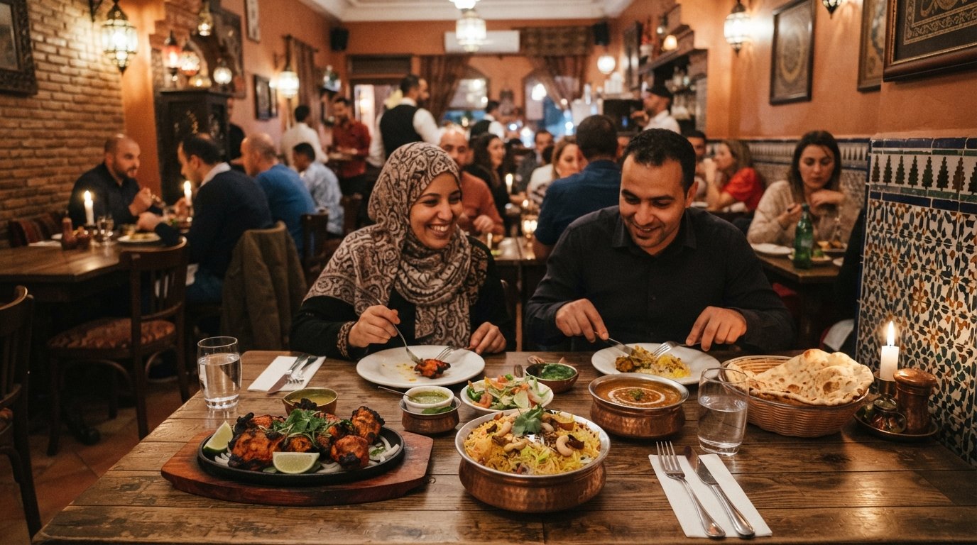 the dining room at Clay Oven on Boulevard Ghandi, warm lighting over tandoori and biryani plates on a busy evening