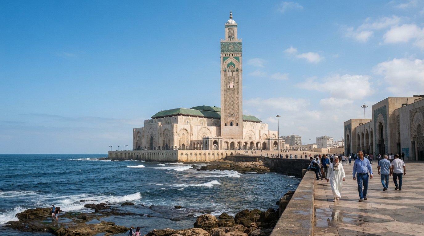 the Hassan II Mosque seen from the Atlantic shore, its 210-metre minaret rising above the sea and courtyard at bright daylight