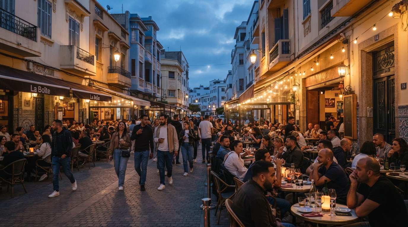 Rue Jean Jaurès in Gauthier at early evening, terrace tables filling under warm lights, with 1930s low-rise facades and pedestrians moving between bistros