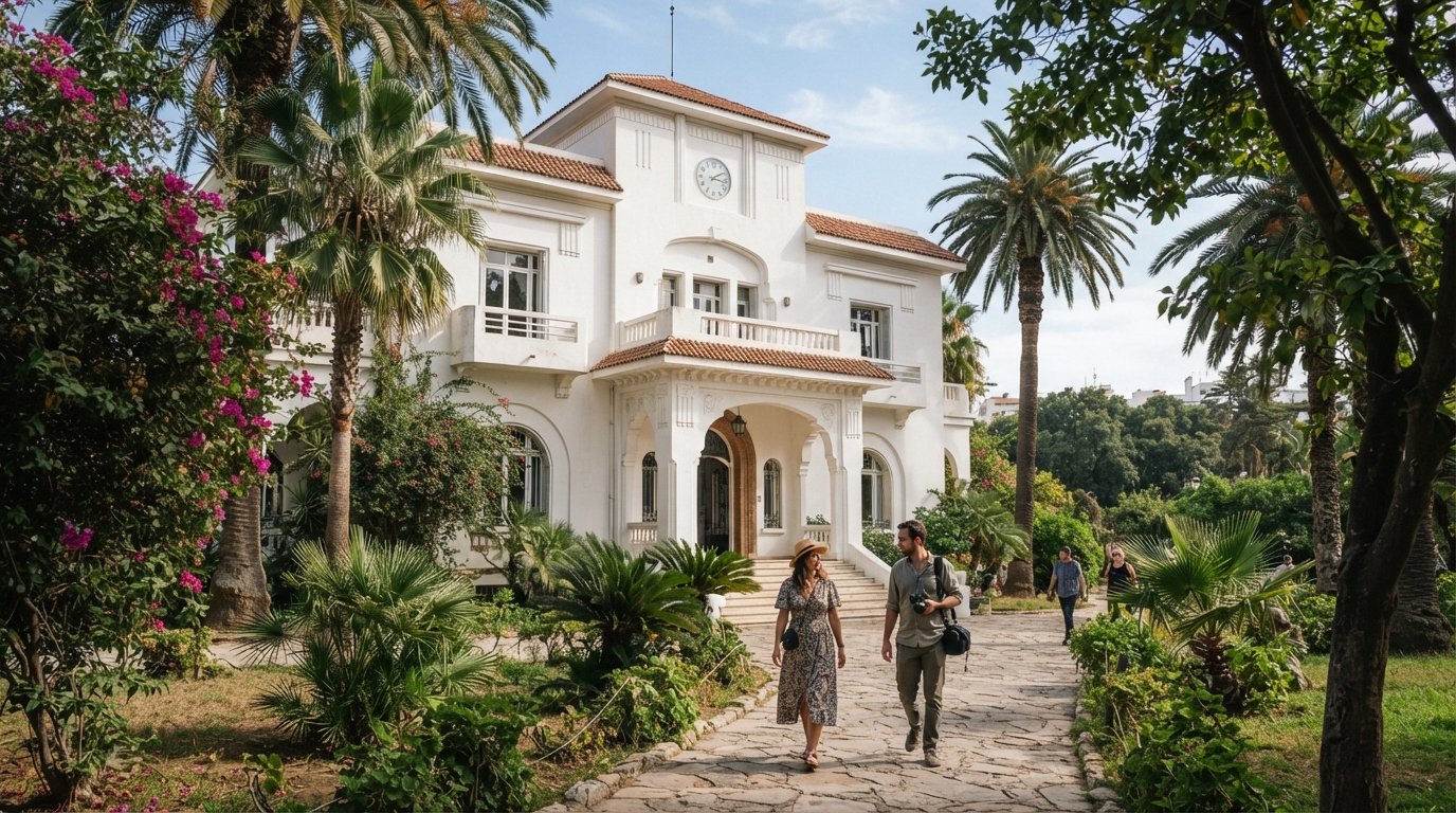 the white Art Deco Villa des Arts de Casablanca in its garden setting near the Parc de la Ligue Arabe, seen in daylight with trees framing the facade