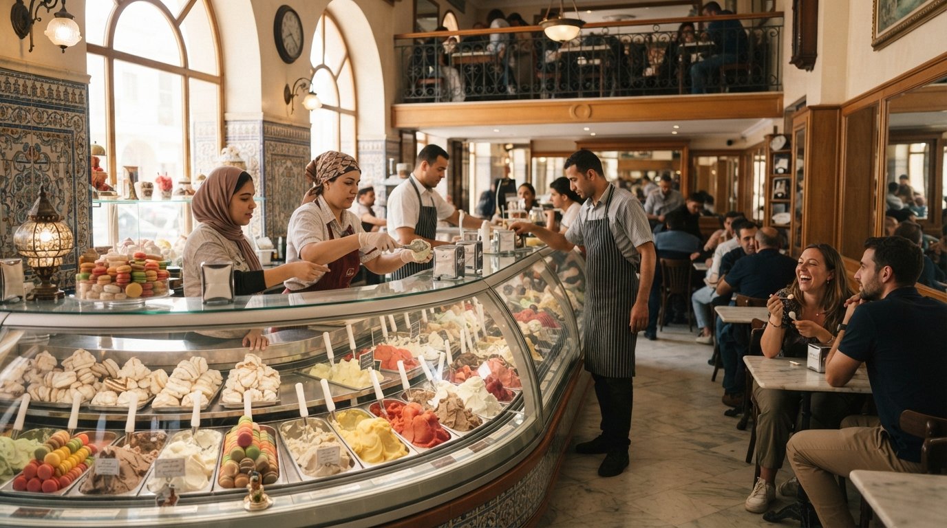 the Venetian-styled interior of Oliveri in Maârif, glass gelato cases with sorbets, meringues and macaroons, afternoon light and a nostalgic Casablanca café atmosphere