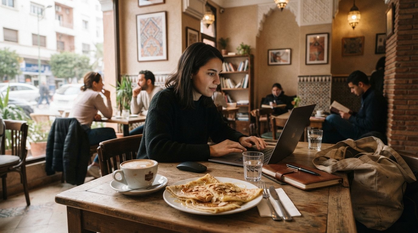 a cappuccino and crepes at Sinya Coffee in Maârif, laptop on the table, warm café lighting and a calm work-friendly corner