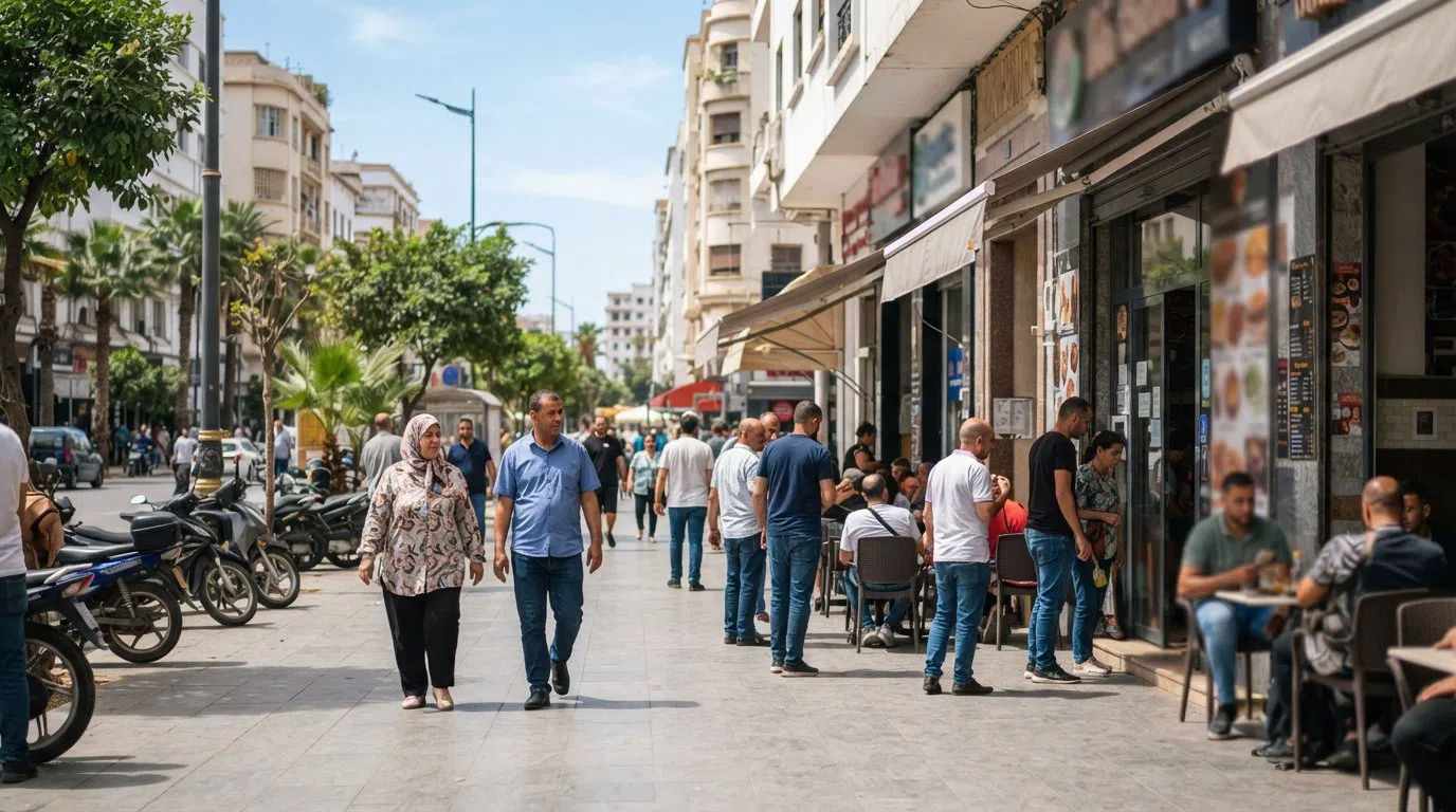Boulevard Al Massira Al Khadra in Maârif with Zara, Mango and other storefronts lining the pavement, midday light and pedestrians moving between cafés and shop windows